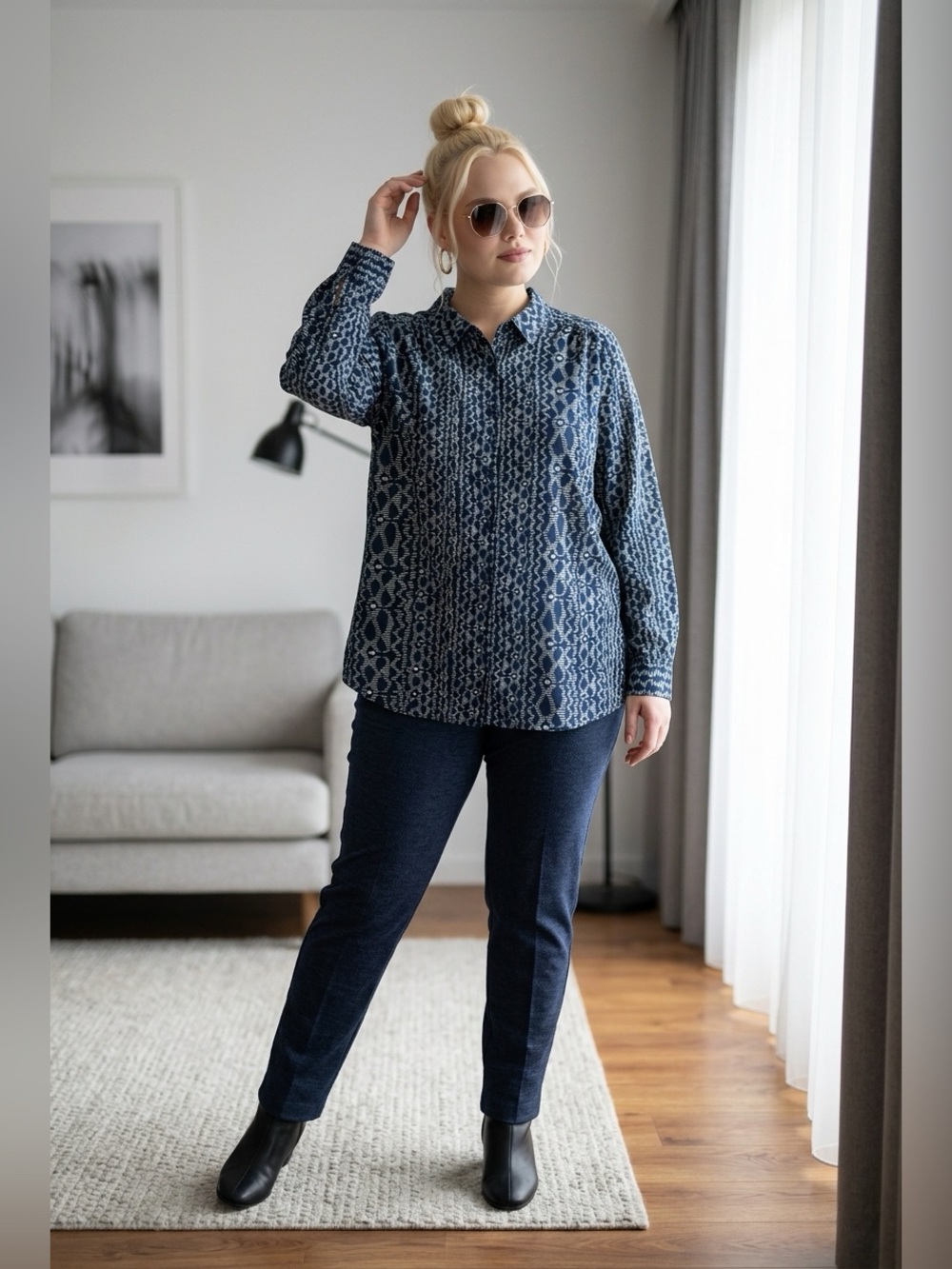 Roaman's 5x Cotton Polyester button-up long-sleeve geometric pattern Ikat shirt.